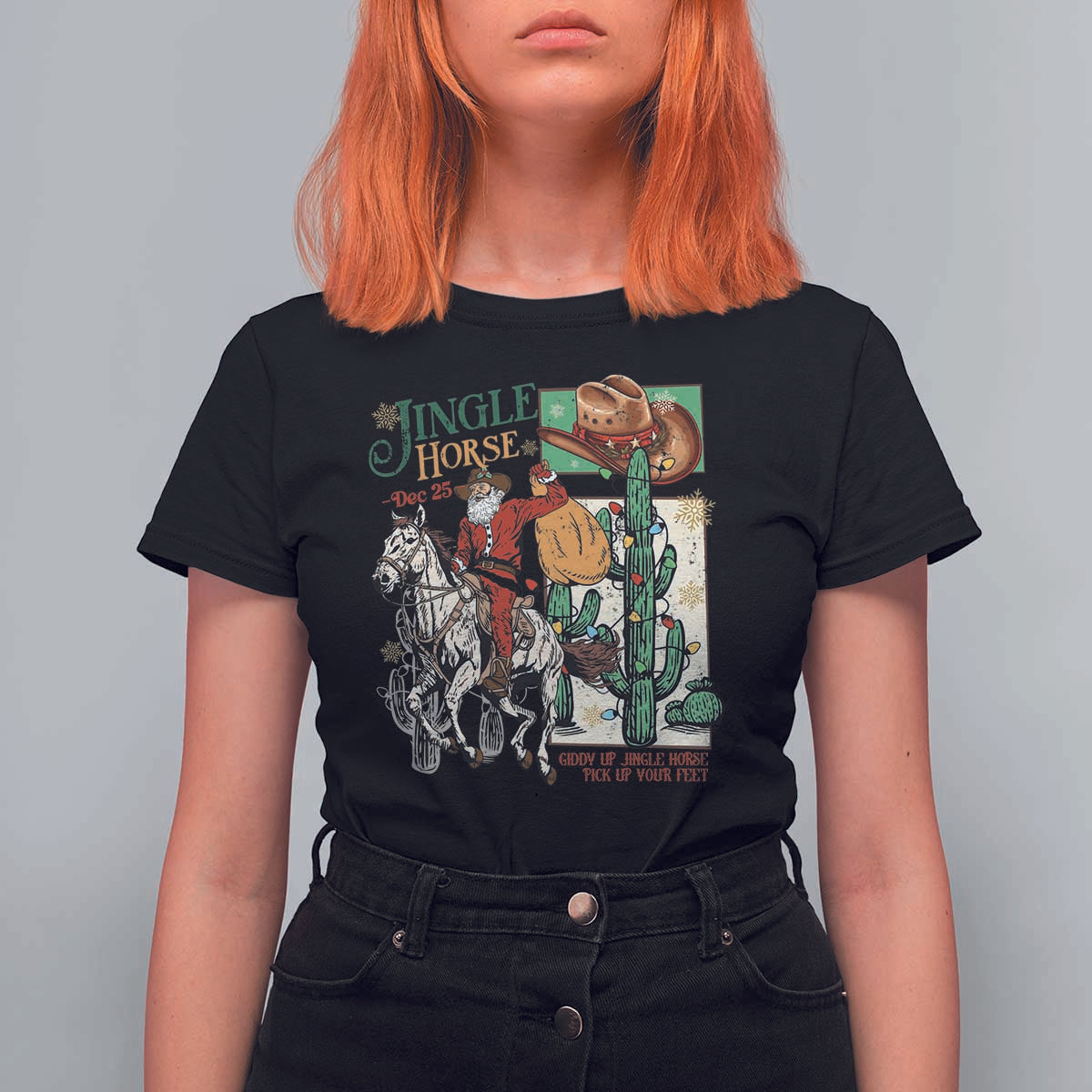 Western Christmas T Shirt For Women Jingle Horse Pick Up Your Feet Cowboy Santa Rider - Wonder Print Shop