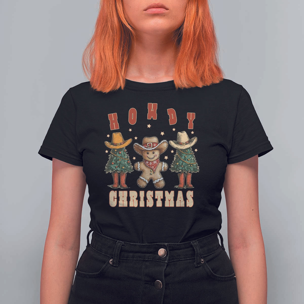 Howdy Christmas T Shirt For Women Cowboy Cactus Xmas Tree - Wonder Print Shop