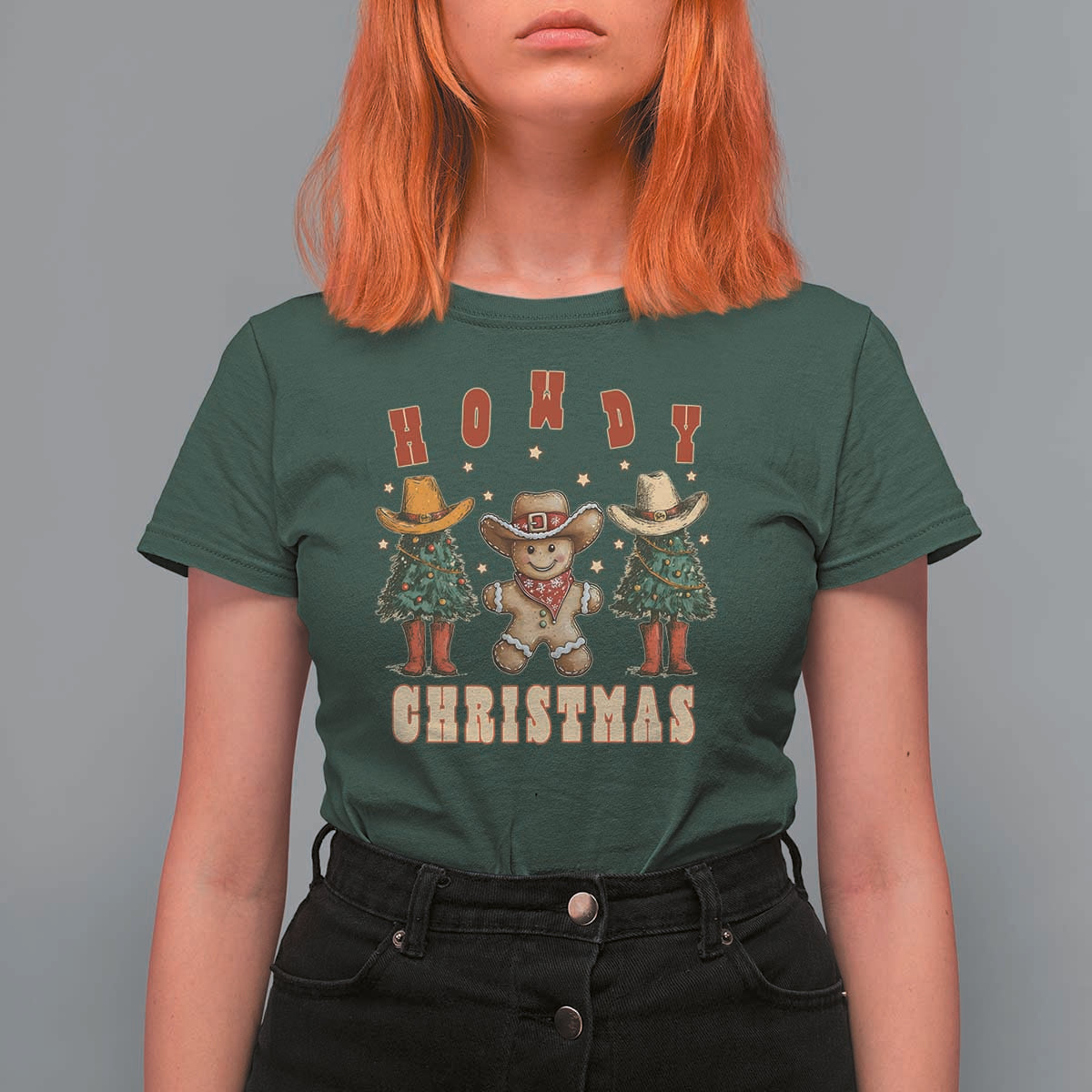 Howdy Christmas T Shirt For Women Cowboy Cactus Xmas Tree - Wonder Print Shop