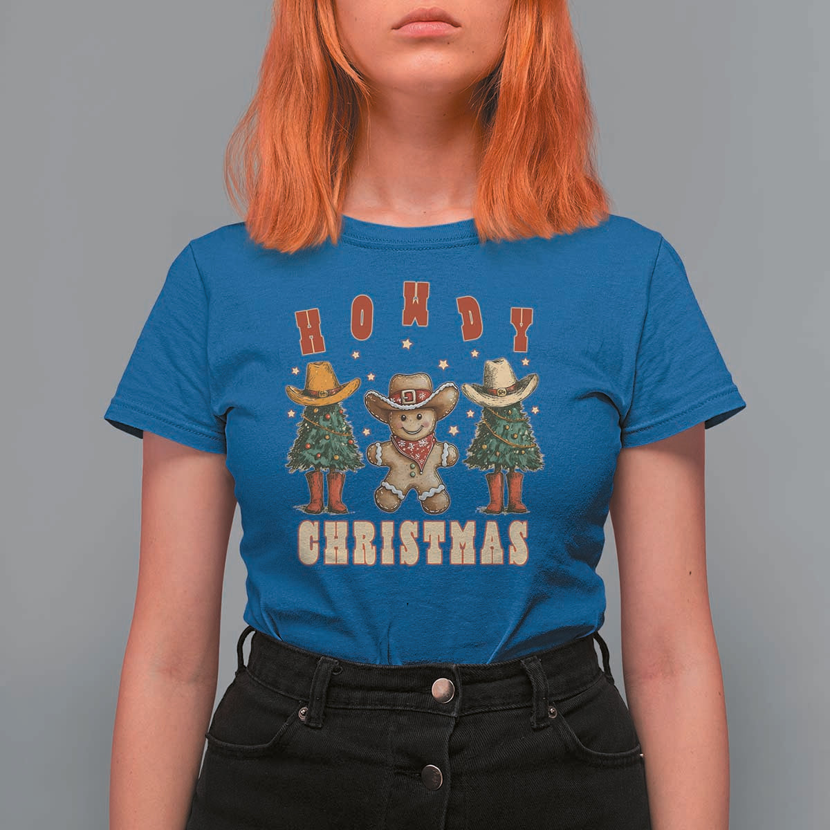 Howdy Christmas T Shirt For Women Cowboy Cactus Xmas Tree - Wonder Print Shop