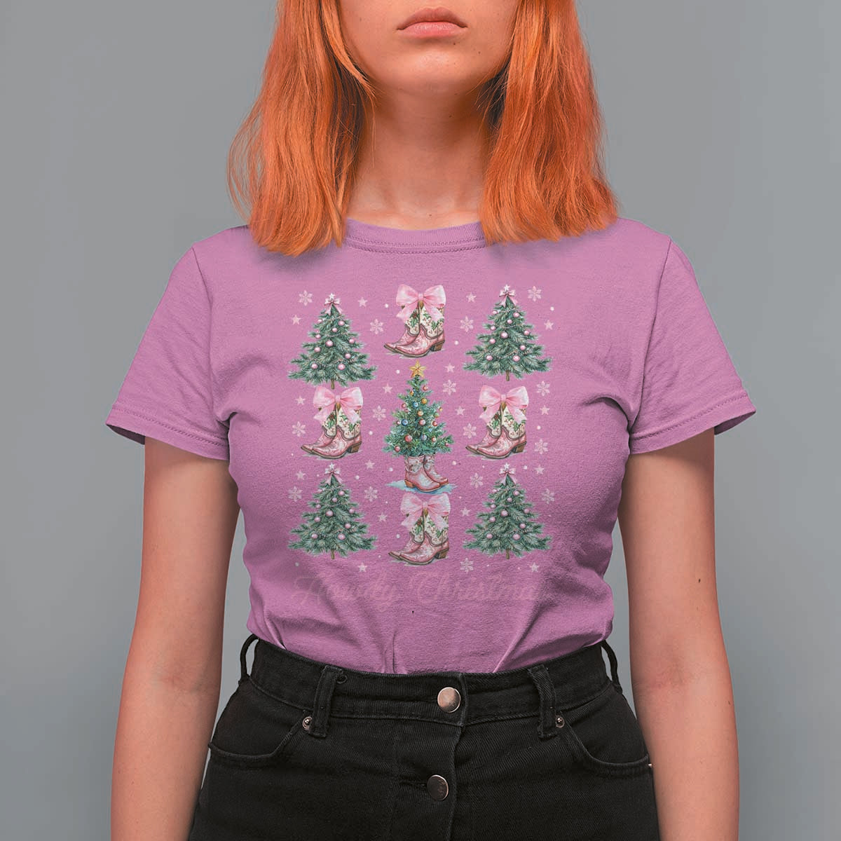 Howdy Christmas T Shirt For Women Coquette Christmas Tree Cowgirl - Wonder Print Shop