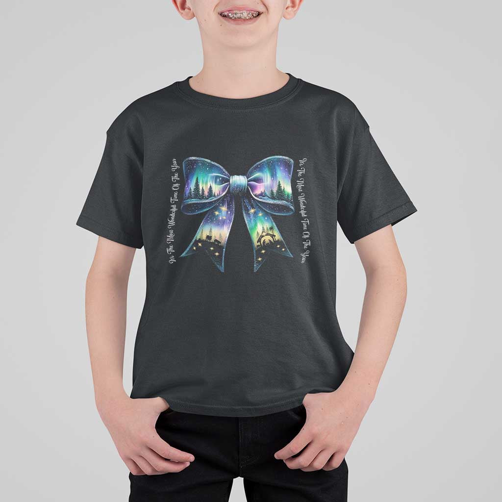 Christmas Alaska Aurora T Shirt For Kid Christian Most Wonderful Time Of The Year Coquette Bow - Wonder Print Shop