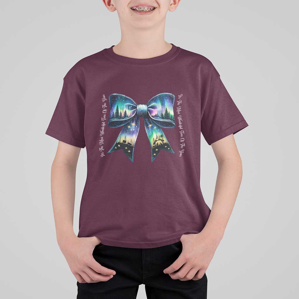 Christmas Alaska Aurora T Shirt For Kid Christian Most Wonderful Time Of The Year Coquette Bow - Wonder Print Shop