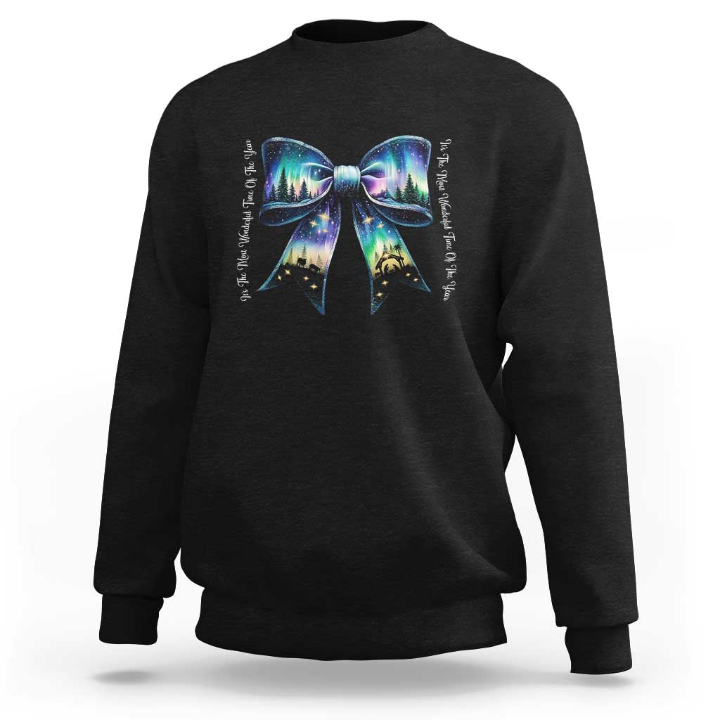 Christmas Alaska Aurora Sweatshirt Christian Most Wonderful Time Of The Year Coquette Bow - Wonder Print Shop