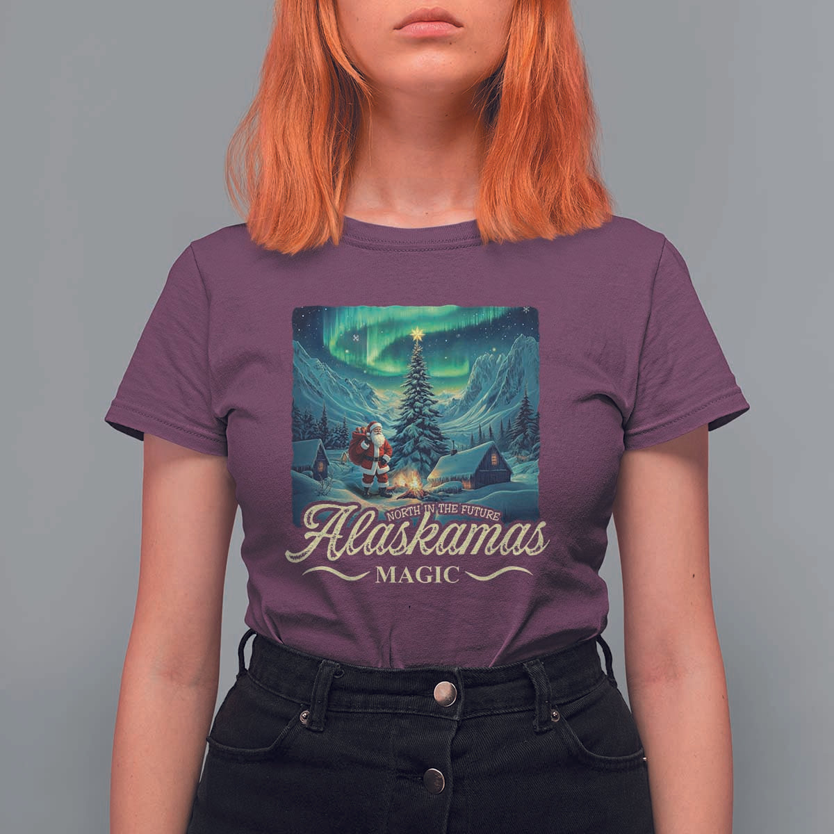 Xmas In Alaska T Shirt For Women Alaskamas Magic Aurora Santa - Wonder Print Shop