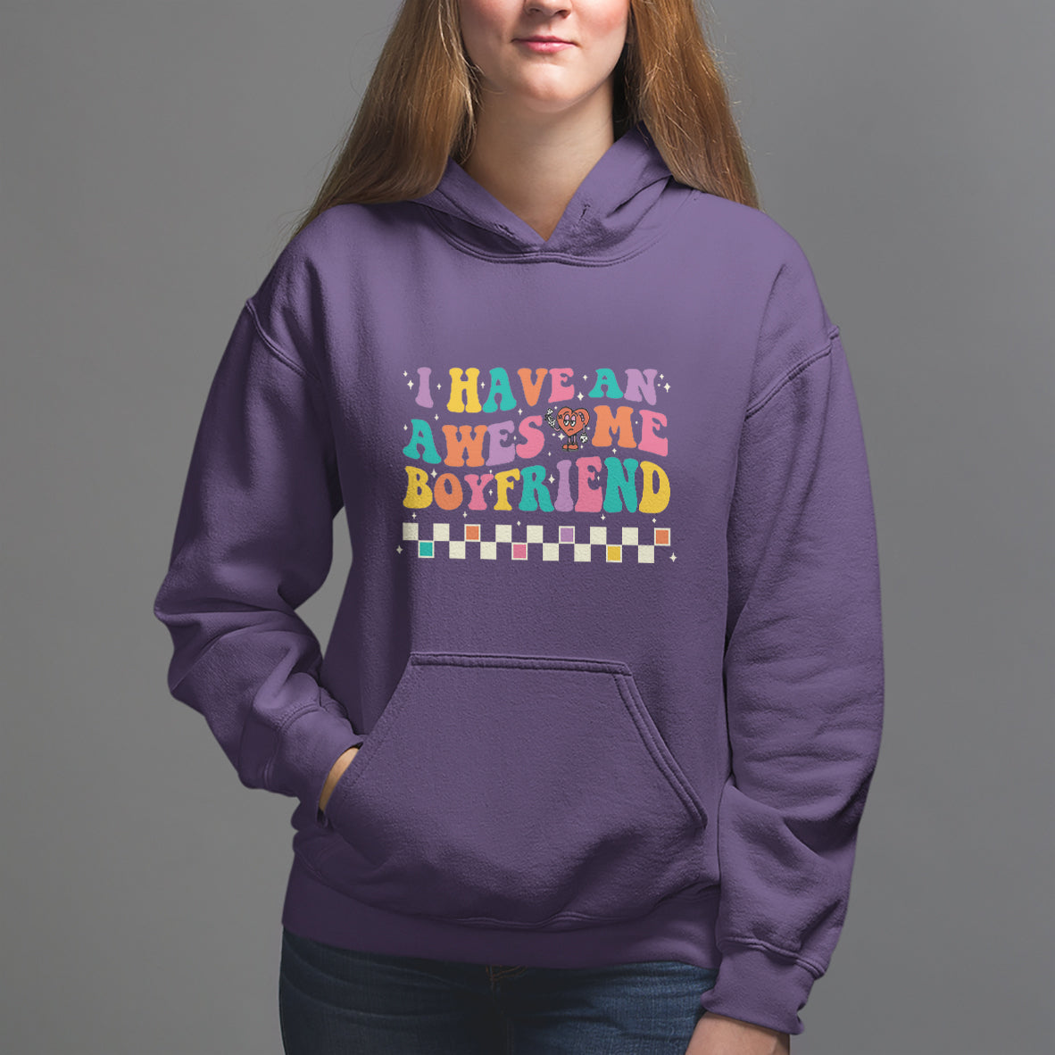 Valentine's Day Hoodie I Have An Awesome Boyfriend Ugly Heart Retro Groovy - Wonder Print Shop
