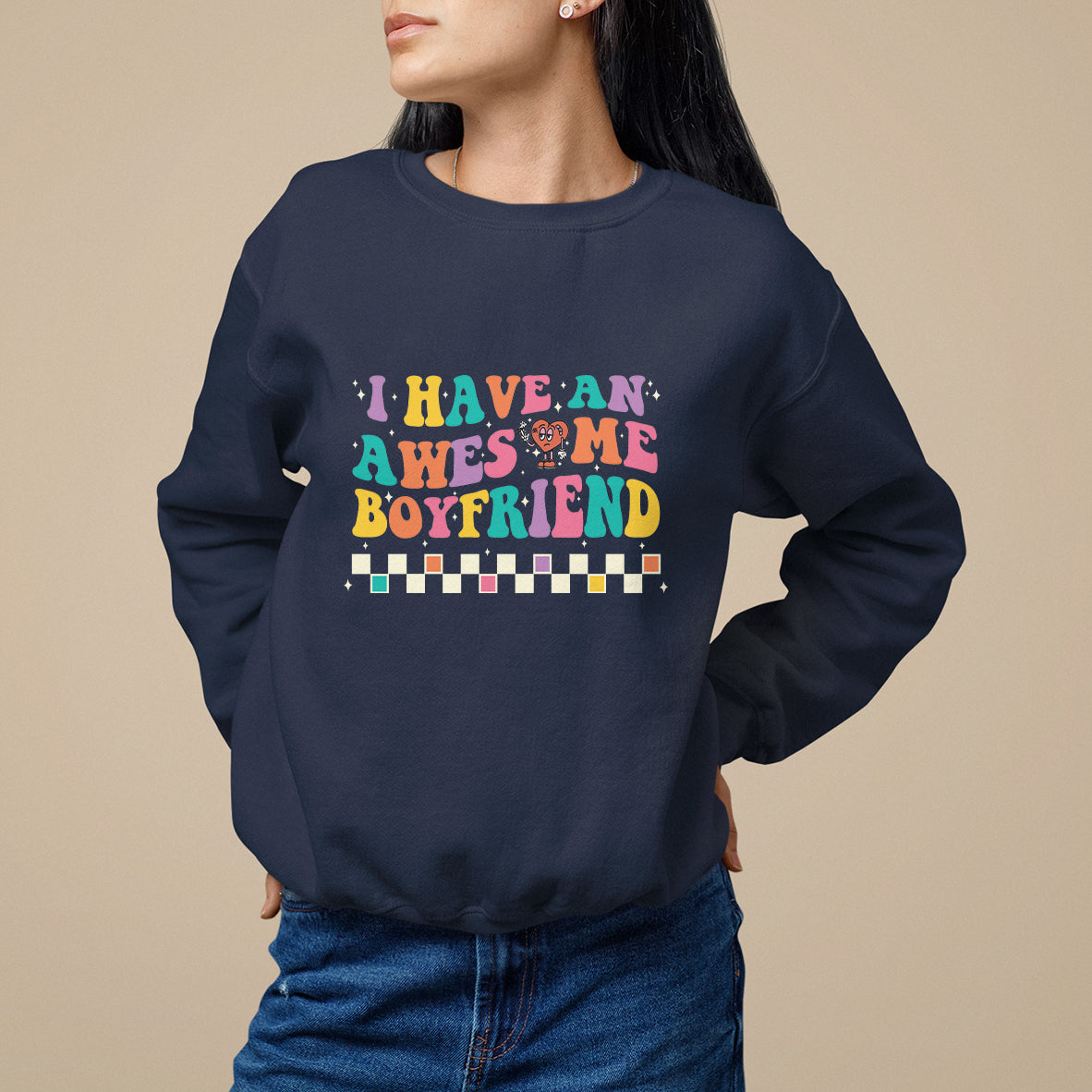 Valentine's Day Sweatshirt I Have An Awesome Boyfriend Ugly Heart Retro Groovy - Wonder Print Shop