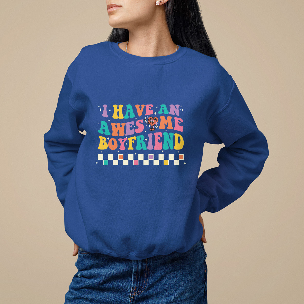 Valentine's Day Sweatshirt I Have An Awesome Boyfriend Ugly Heart Retro Groovy - Wonder Print Shop