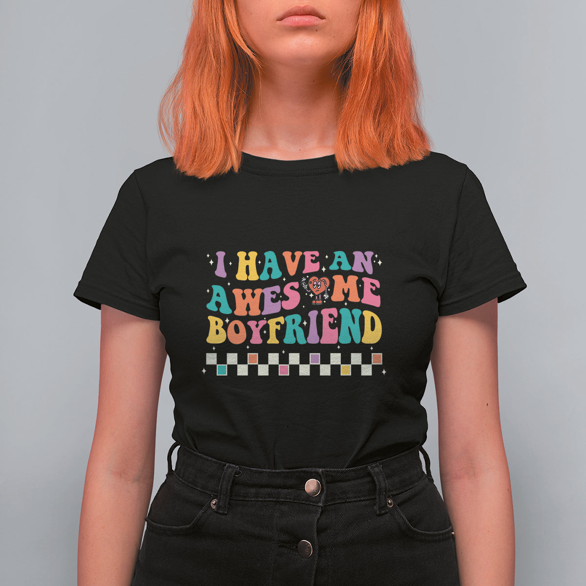 Valentine's Day T Shirt For Women I Have An Awesome Boyfriend Ugly Heart Retro Groovy - Wonder Print Shop
