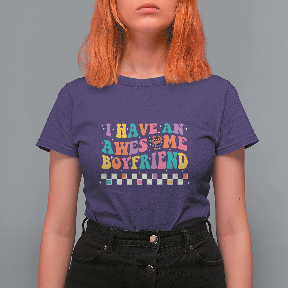 Valentine's Day T Shirt For Women I Have An Awesome Boyfriend Ugly Heart Retro Groovy - Wonder Print Shop