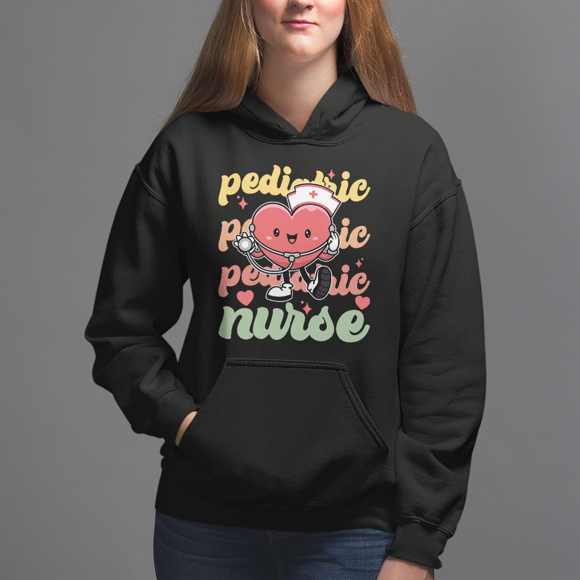 Valentine's Day Hoodie Retro Pediatric Nurse Cute Heart Stethoscope - Wonder Print Shop