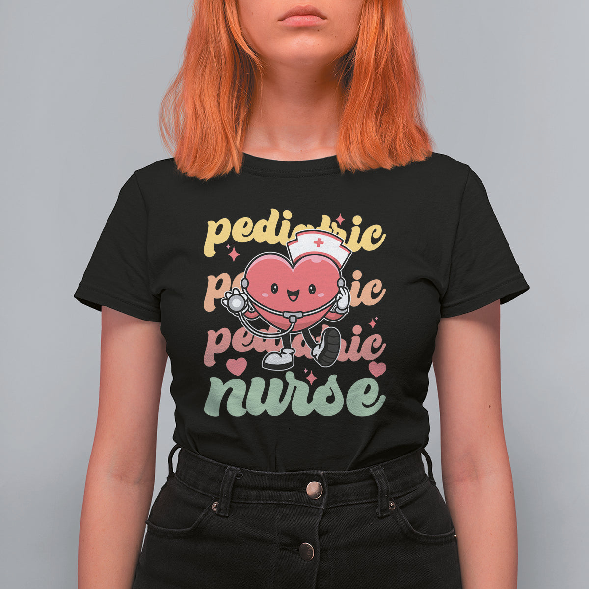 Valentine's Day T Shirt For Women Retro Pediatric Nurse Cute Heart Stethoscope - Wonder Print Shop