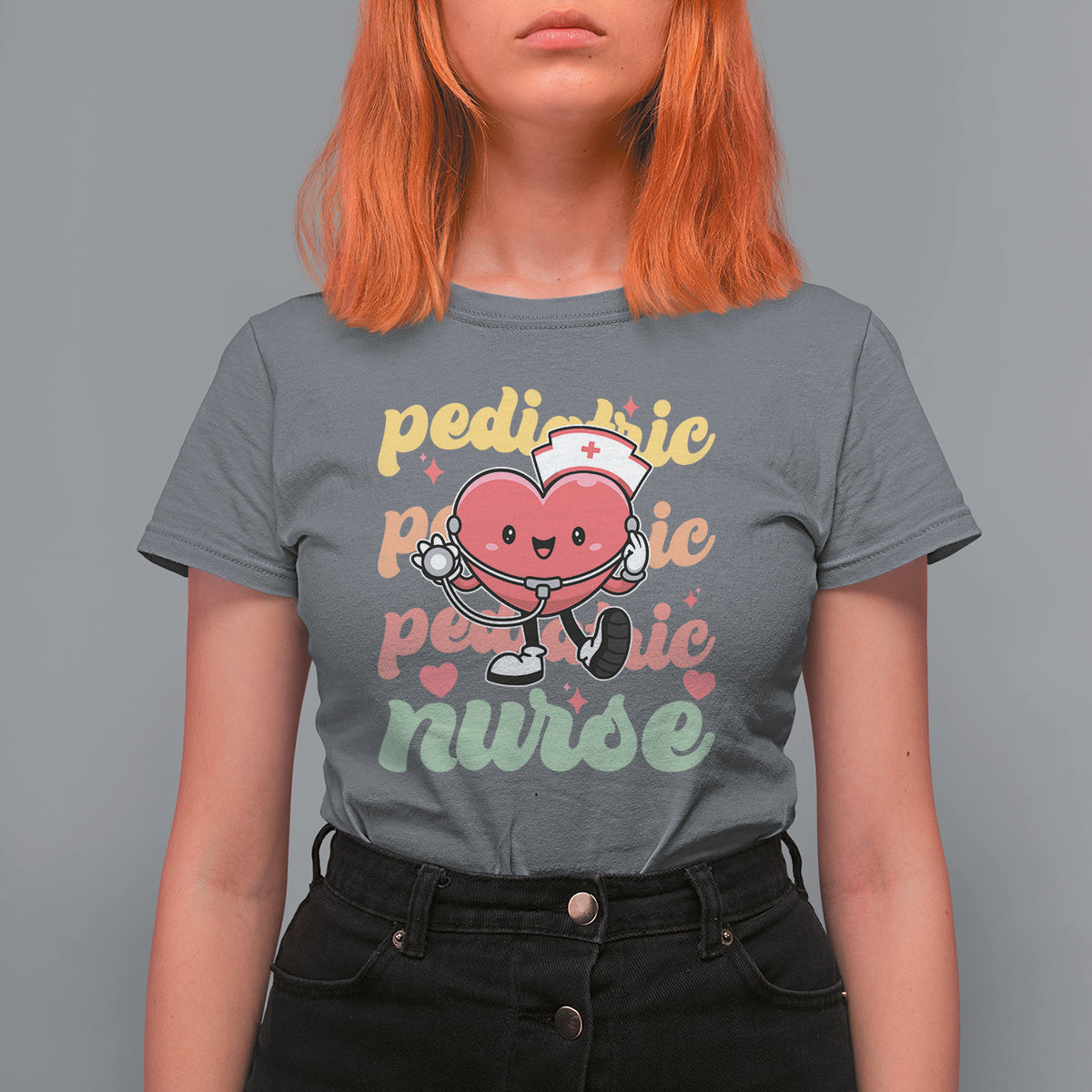 Valentine's Day T Shirt For Women Retro Pediatric Nurse Cute Heart Stethoscope - Wonder Print Shop