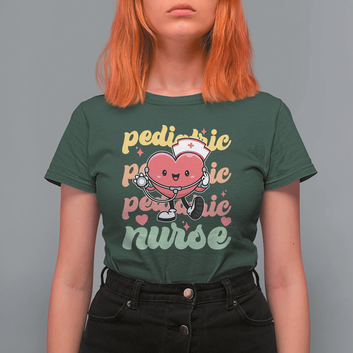 Valentine's Day T Shirt For Women Retro Pediatric Nurse Cute Heart Stethoscope - Wonder Print Shop