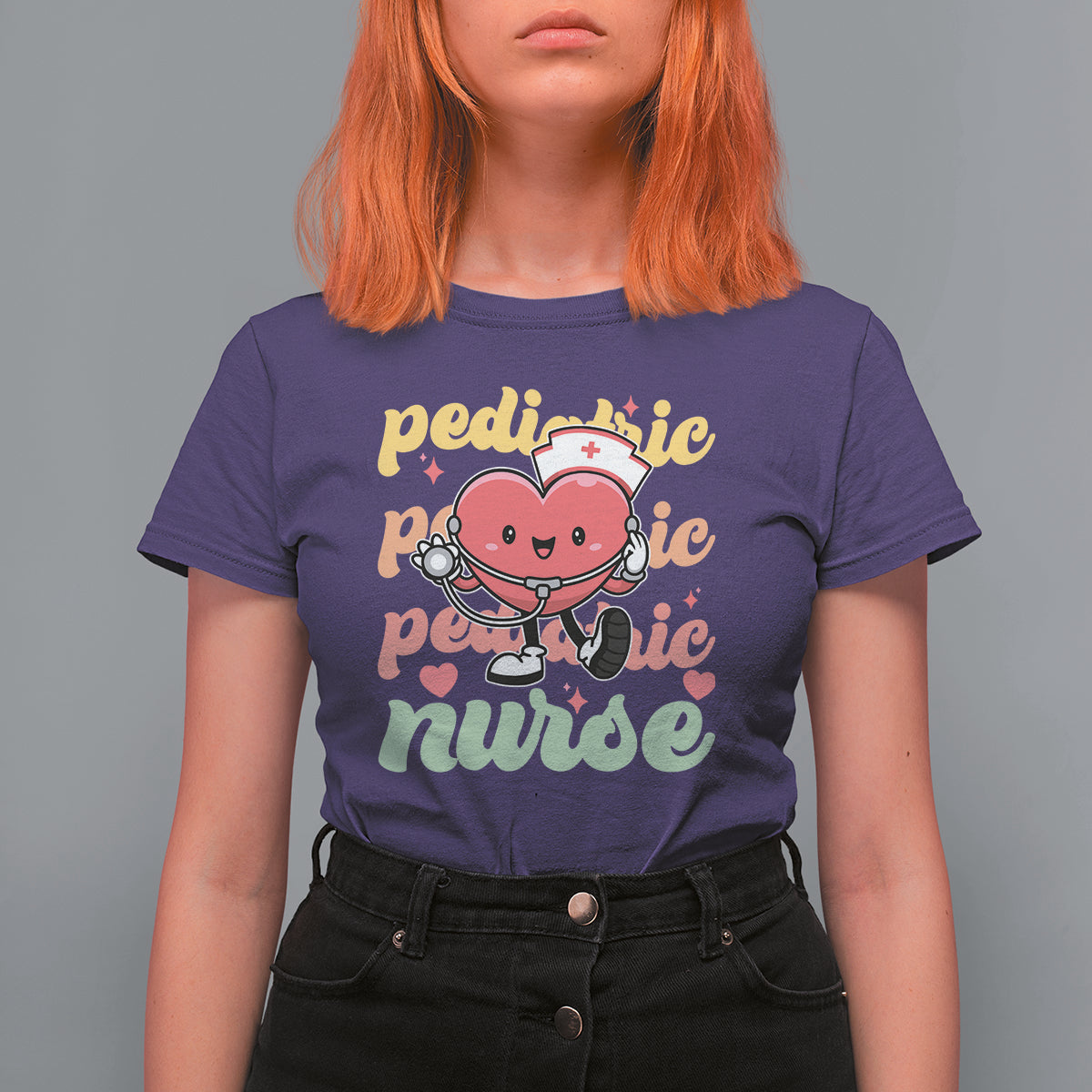 Valentine's Day T Shirt For Women Retro Pediatric Nurse Cute Heart Stethoscope - Wonder Print Shop