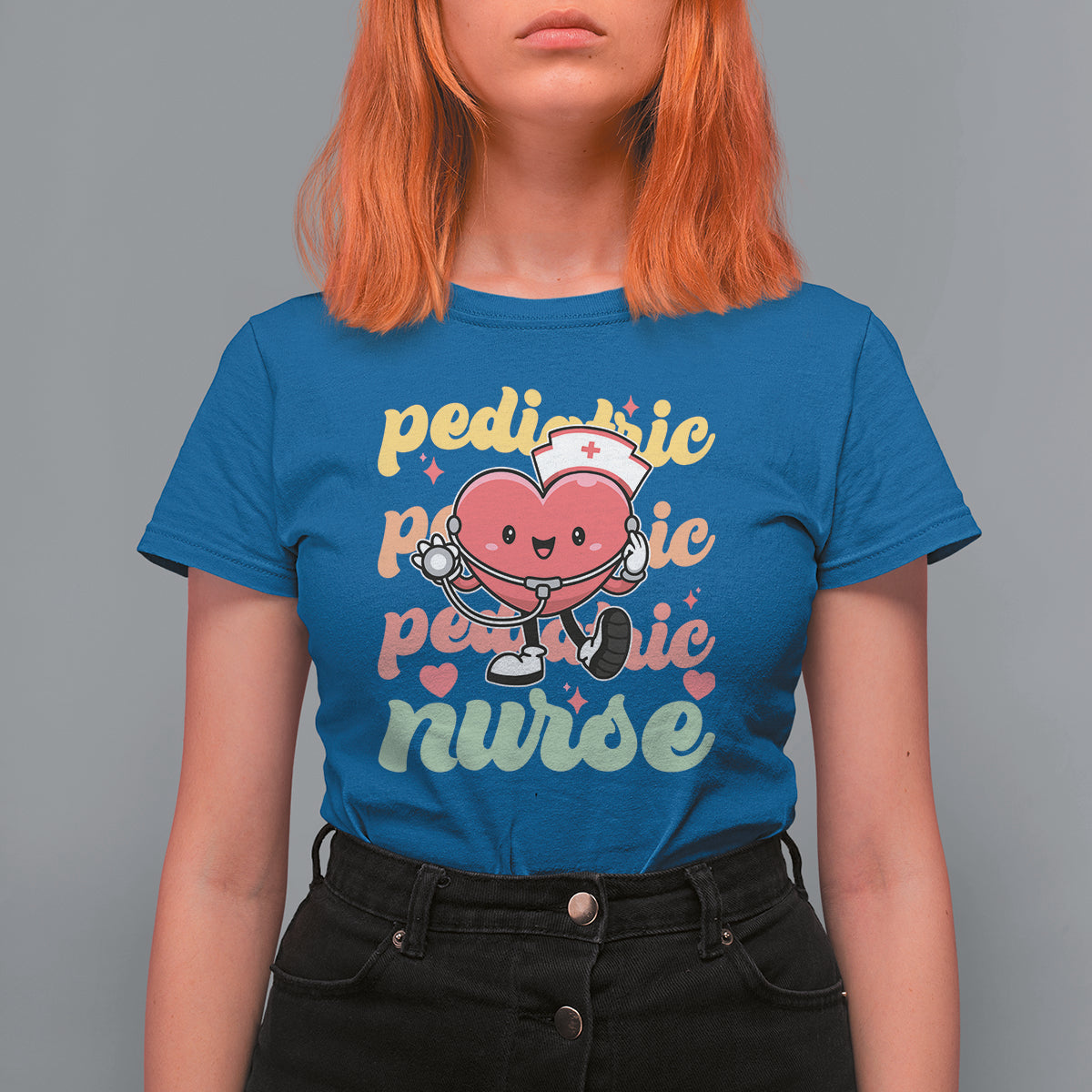 Valentine's Day T Shirt For Women Retro Pediatric Nurse Cute Heart Stethoscope - Wonder Print Shop