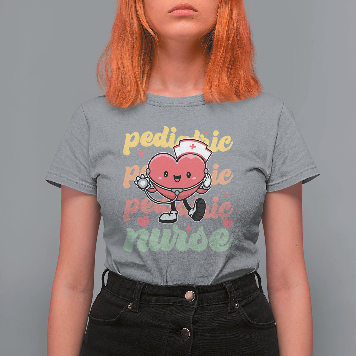 Valentine's Day T Shirt For Women Retro Pediatric Nurse Cute Heart Stethoscope - Wonder Print Shop