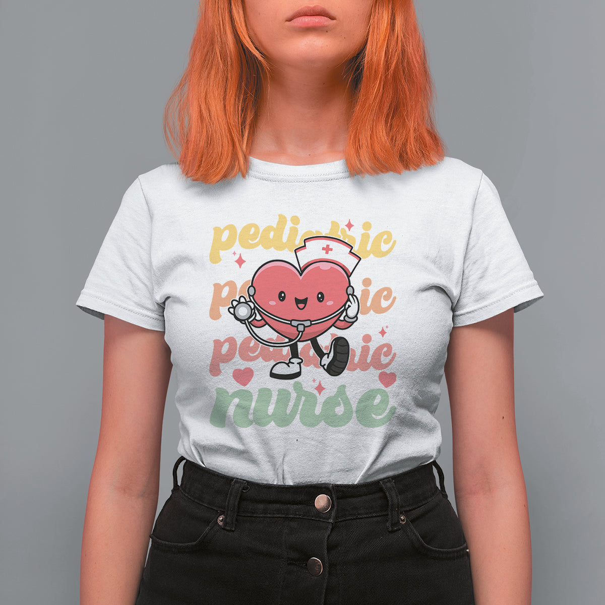 Valentine's Day T Shirt For Women Retro Pediatric Nurse Cute Heart Stethoscope - Wonder Print Shop