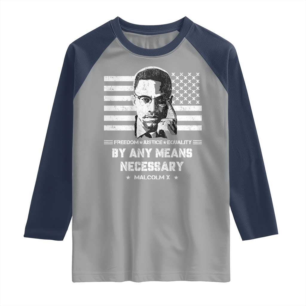 Malcolm X Raglan Shirt By Any Means Necessary American Flag