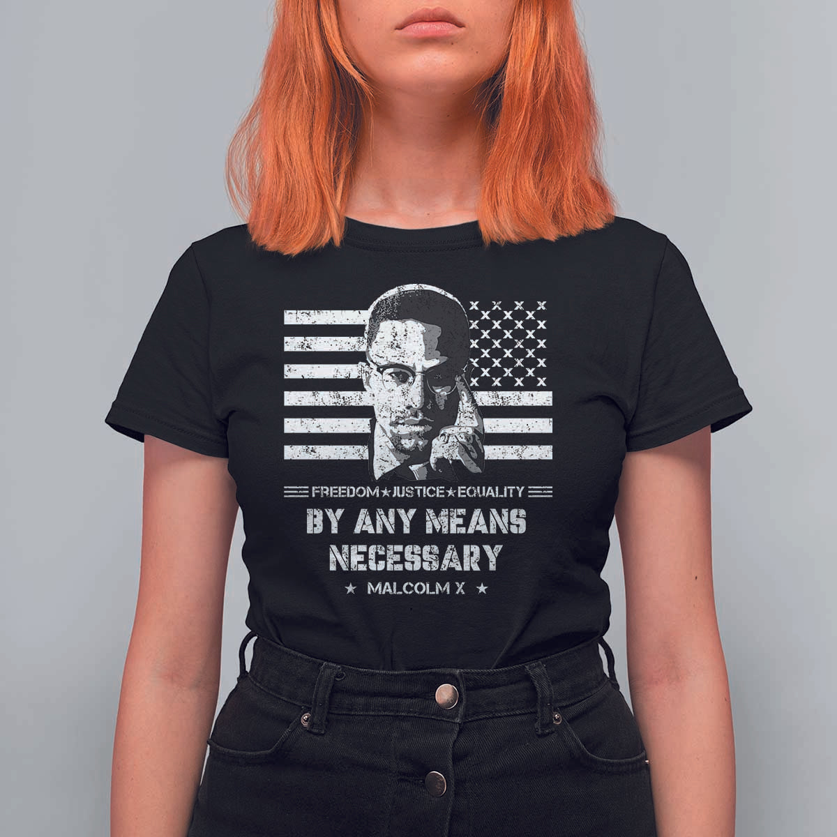 Malcolm X T Shirt For Women By Any Means Necessary American Flag