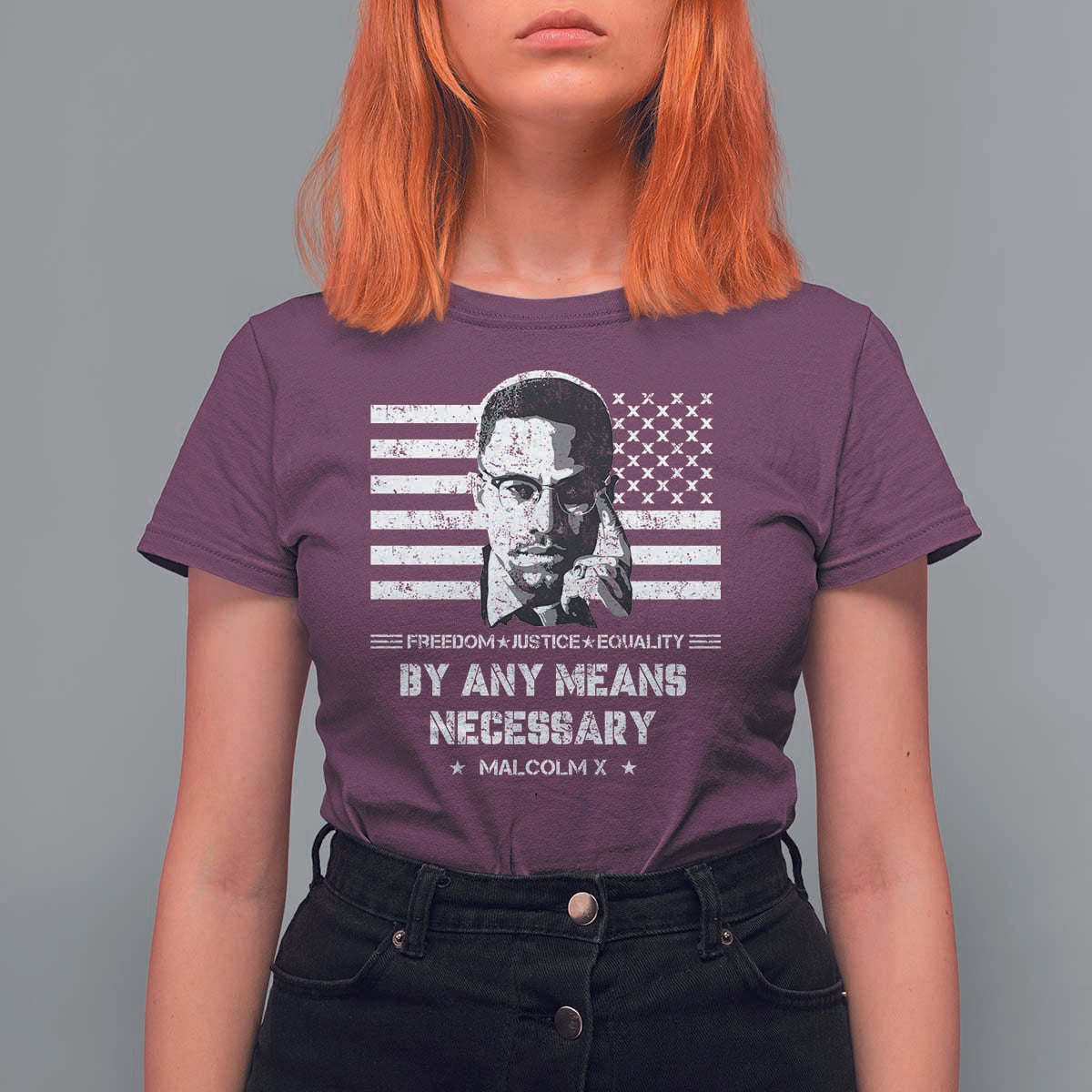 Malcolm X T Shirt For Women By Any Means Necessary American Flag