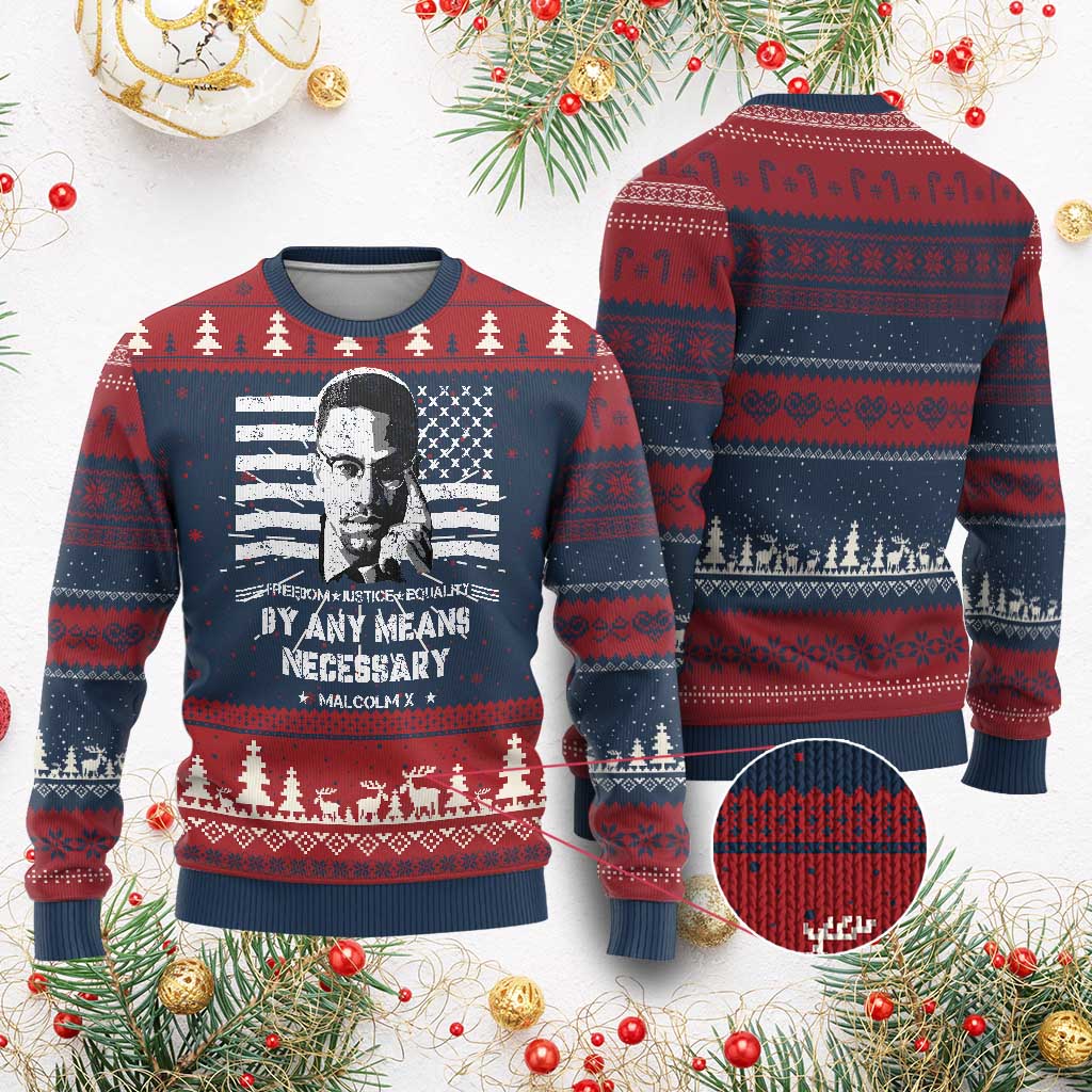 Malcolm X Ugly Christmas Sweater By Any Means Necessary American Flag