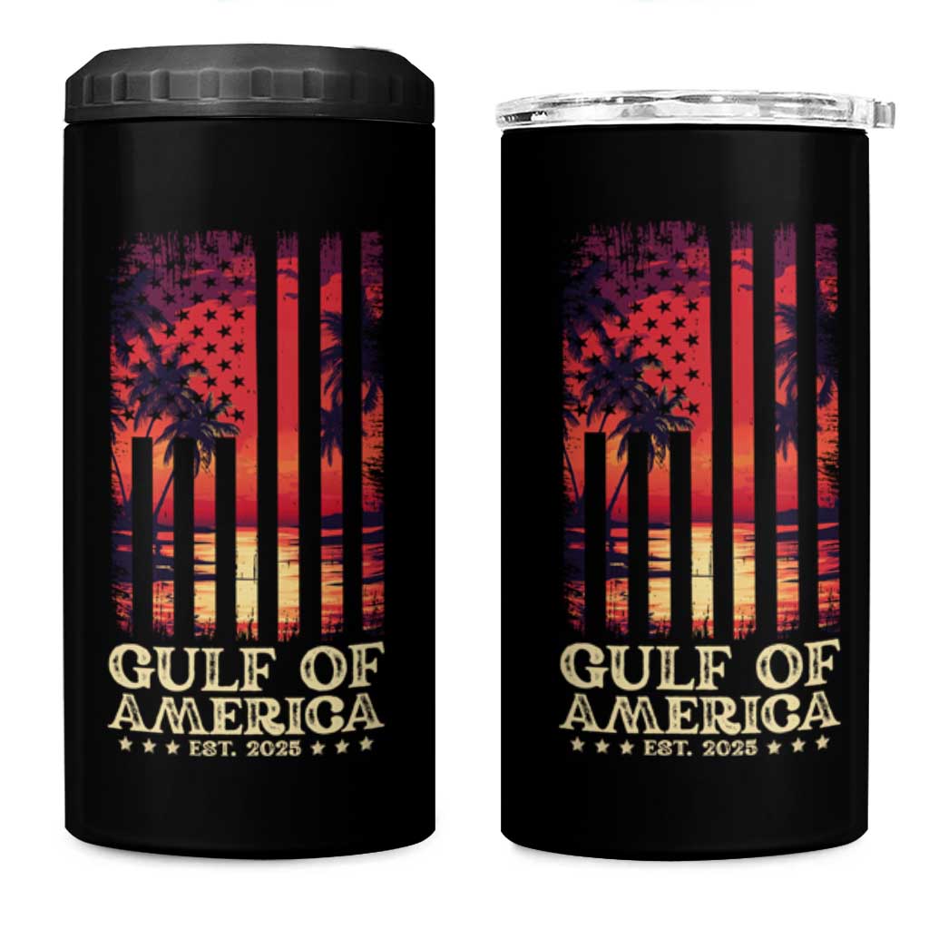 Gulf Of America Est 2025 4 in 1 Can Cooler Tumbler Sunset American Flag Gulf Mexico