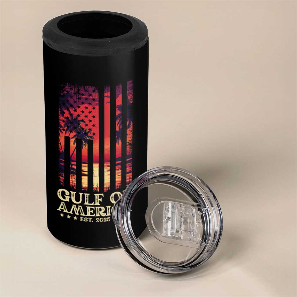 Gulf Of America Est 2025 4 in 1 Can Cooler Tumbler Sunset American Flag Gulf Mexico