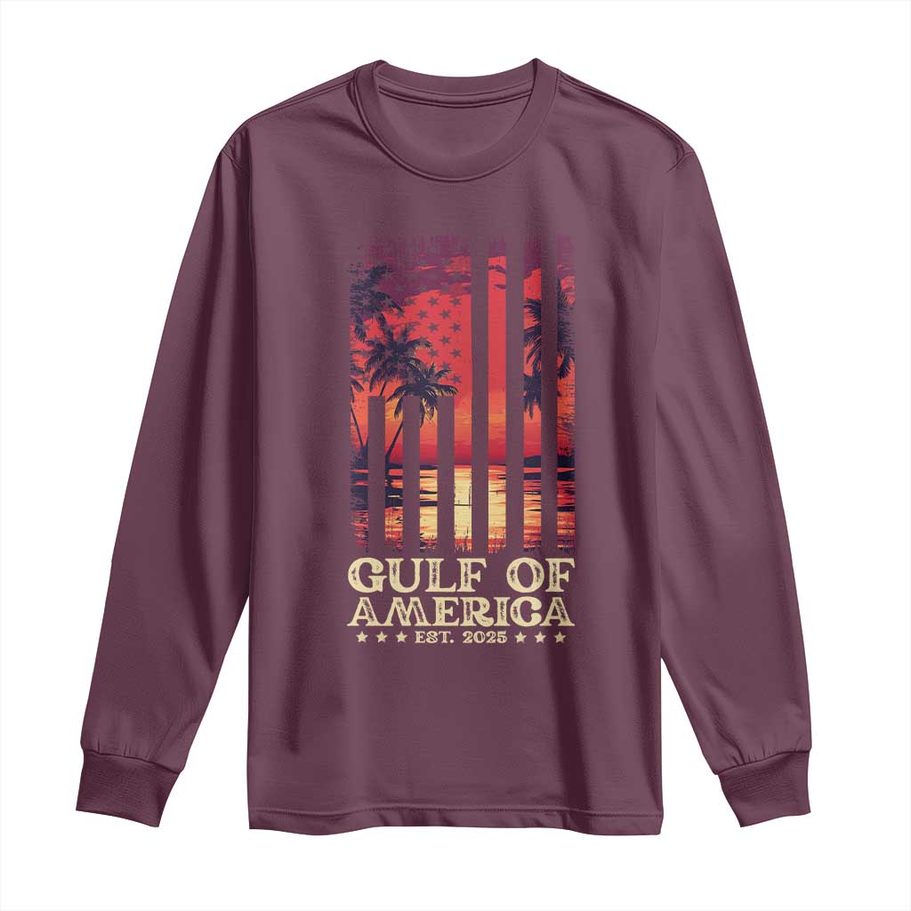 Gulf Of America Est 2025 Long Sleeve Shirt Sunset American Flag Gulf Mexico