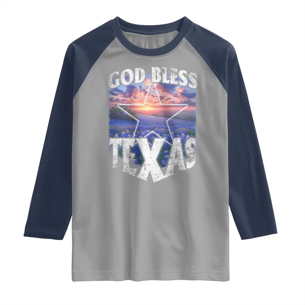 Bluebonnet Field God Bless Texas Raglan Shirt