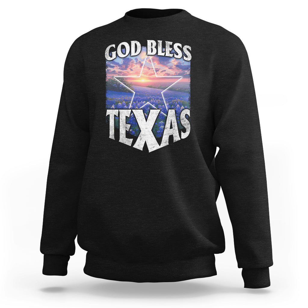 Bluebonnet Field God Bless Texas Sweatshirt - Wonder Print Shop
