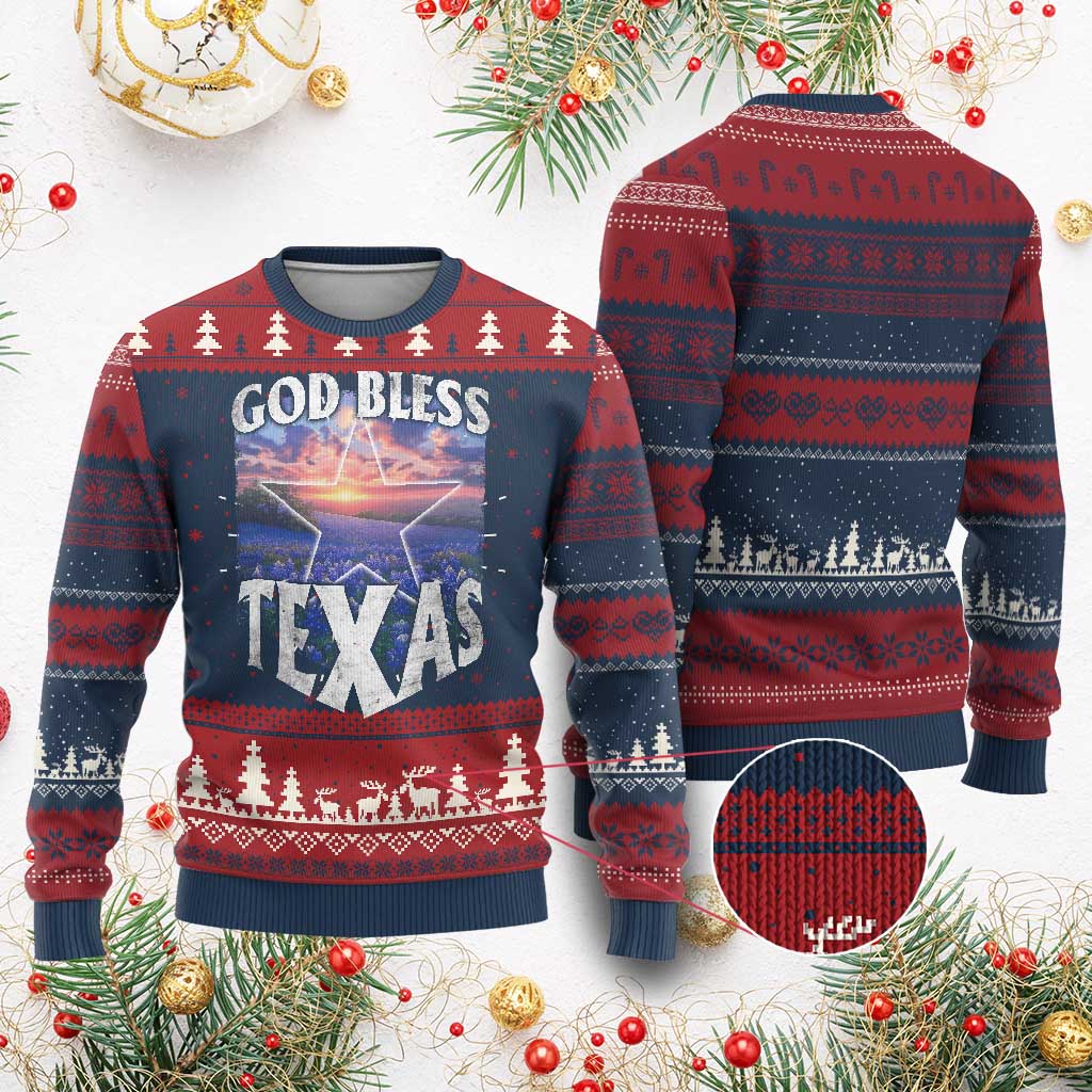 Bluebonnet Field God Bless Texas Ugly Christmas Sweater - Wonder Print Shop
