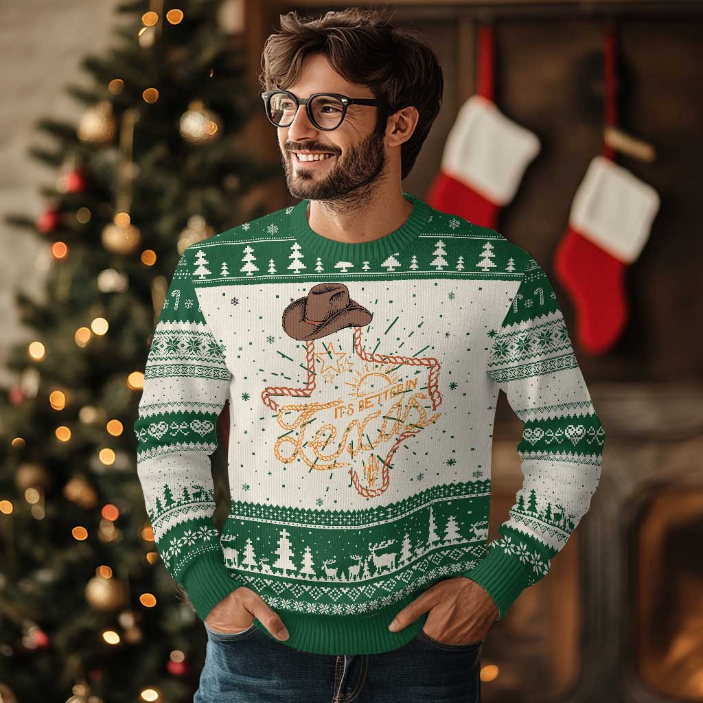It's Better In Texas Retro Western Cowboy Ugly Christmas Sweater - Wonder Print Shop