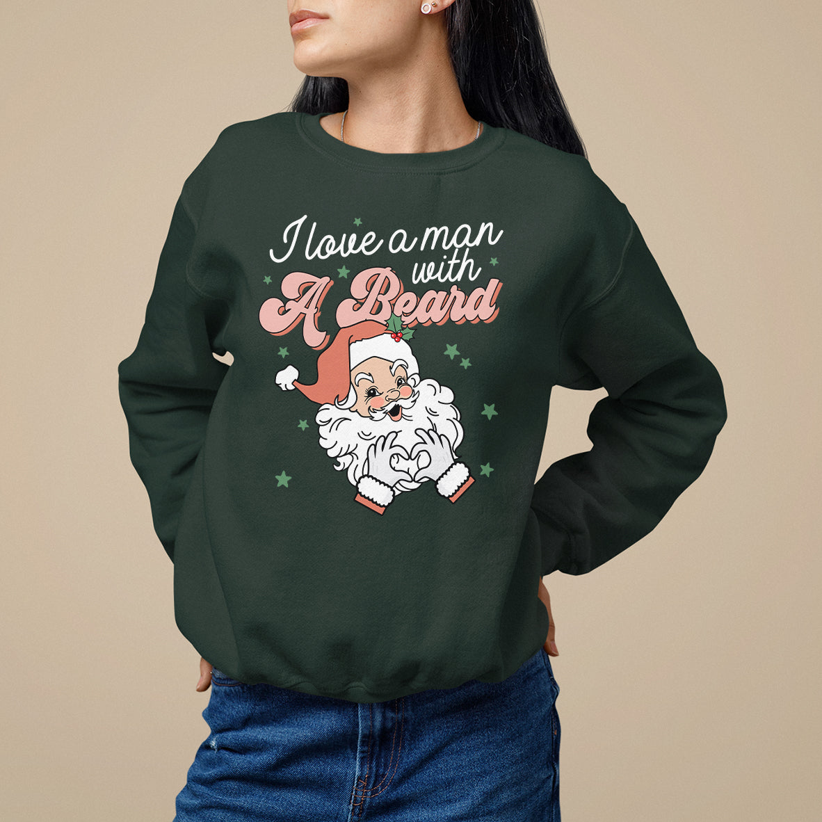 Christmas Sweatshirt I Love A Man With A Beard Santa Xmas - Wonder Print Shop