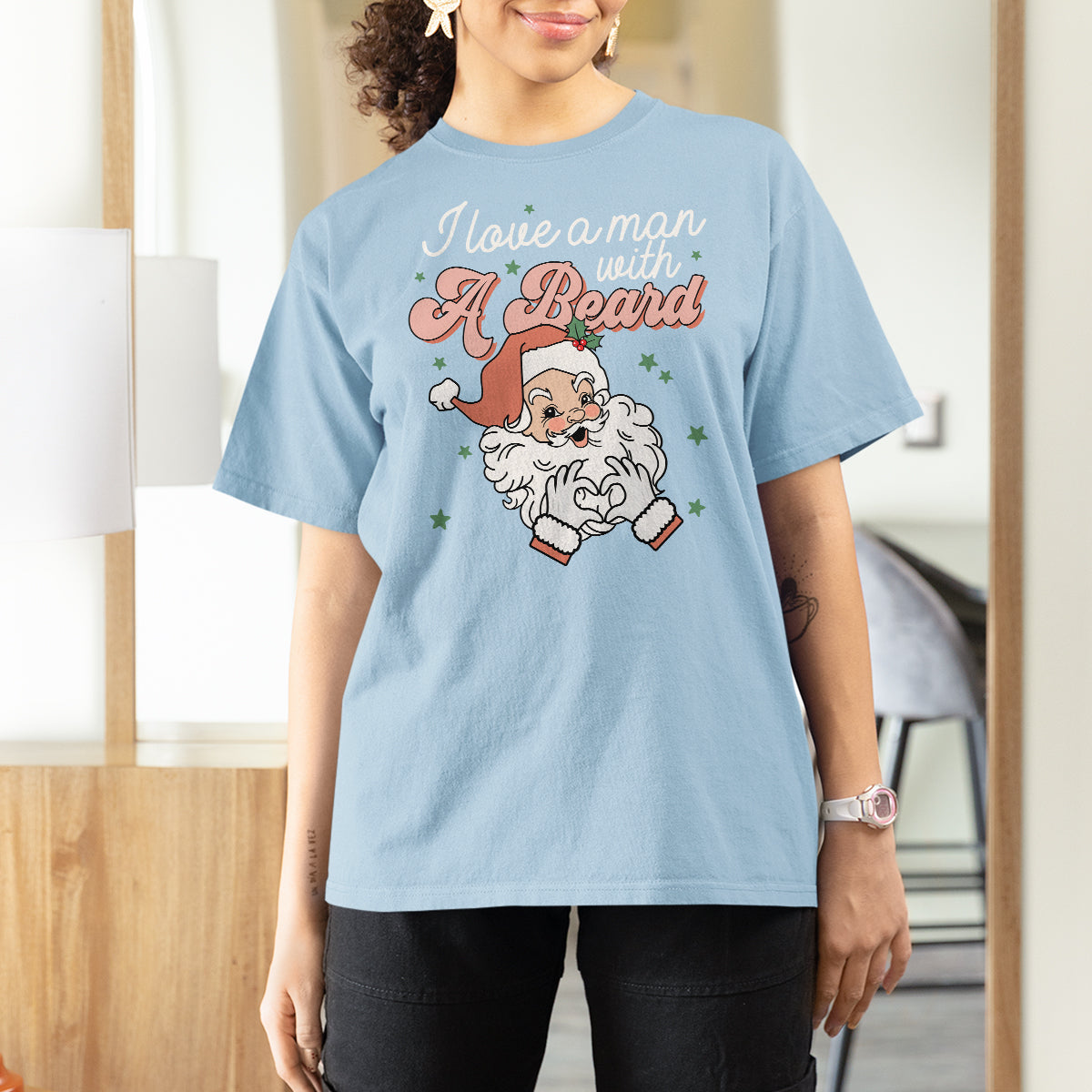 Christmas T Shirt For Women I Love A Man With A Beard Santa Xmas - Wonder Print Shop