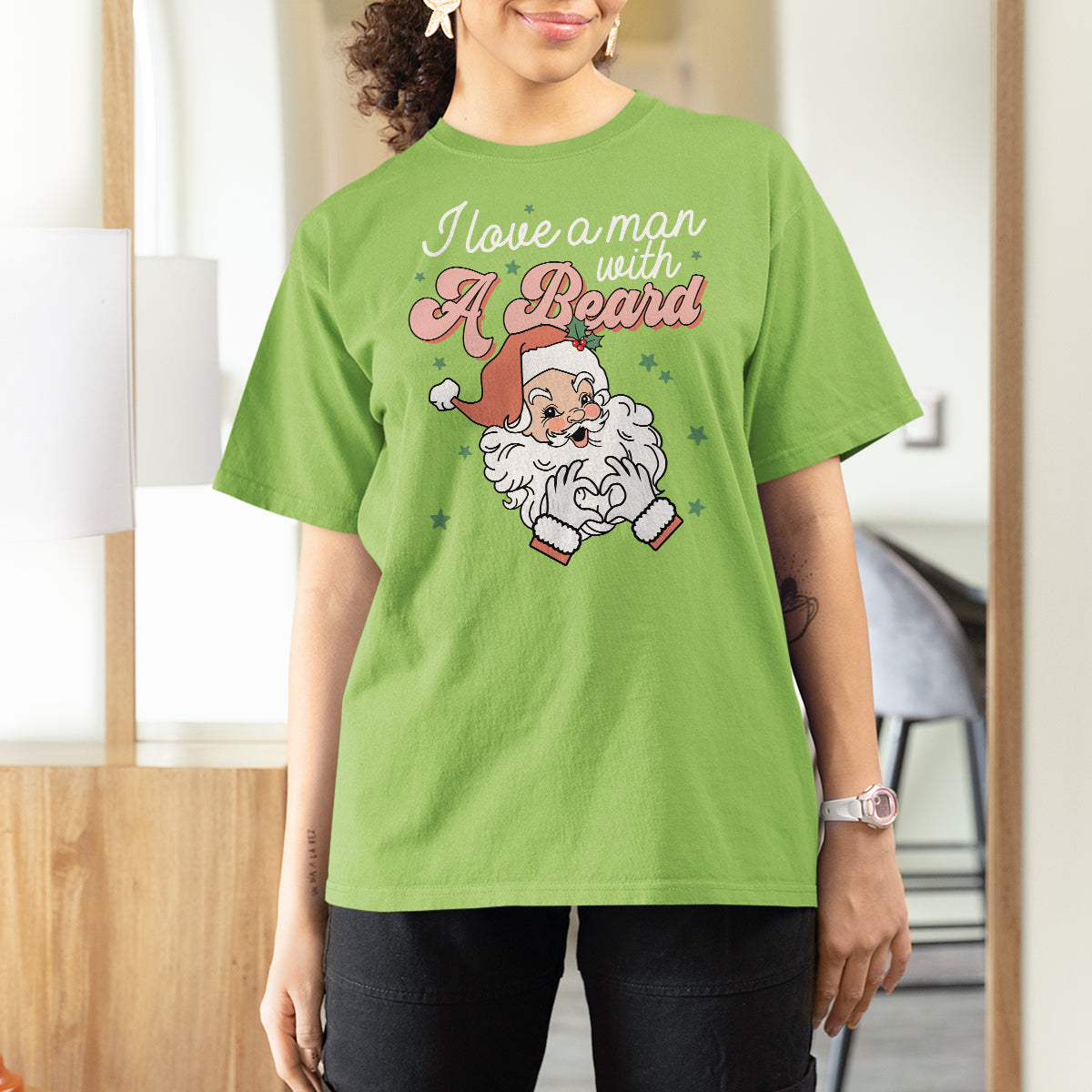 Christmas T Shirt For Women I Love A Man With A Beard Santa Xmas - Wonder Print Shop