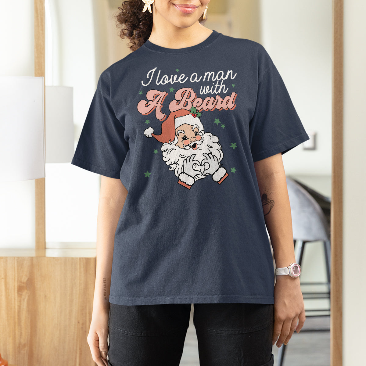 Christmas T Shirt For Women I Love A Man With A Beard Santa Xmas - Wonder Print Shop