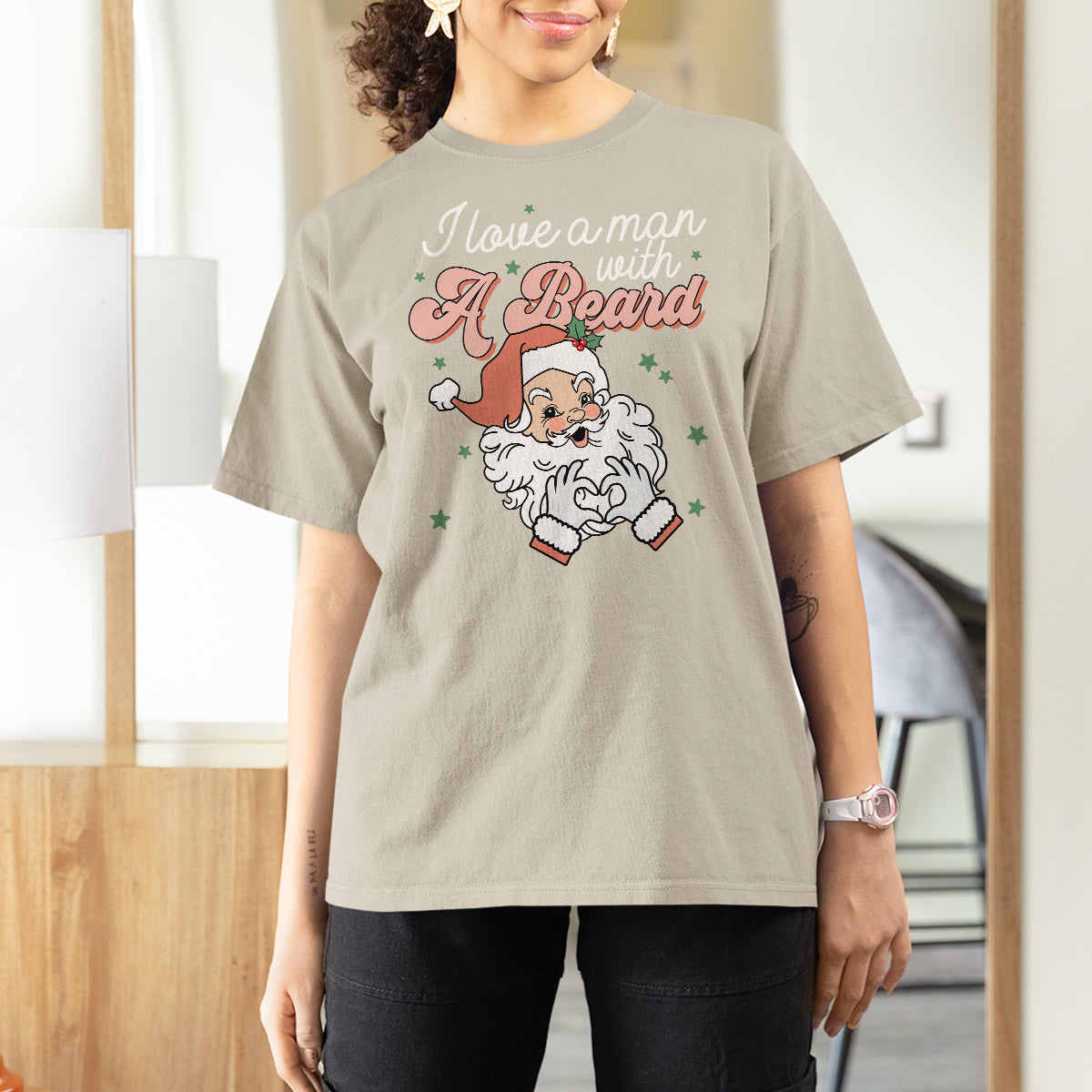 Christmas T Shirt For Women I Love A Man With A Beard Santa Xmas - Wonder Print Shop