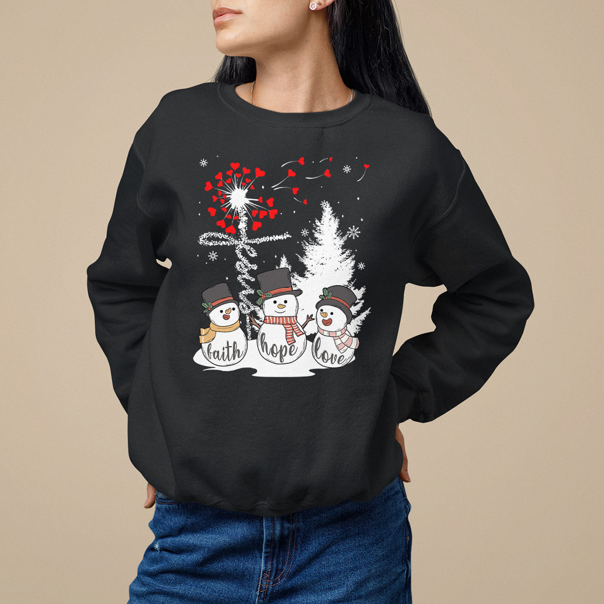 Christmas Sweatshirt Faith Hope Love Snowman Dandelion Jesus - Wonder Print Shop