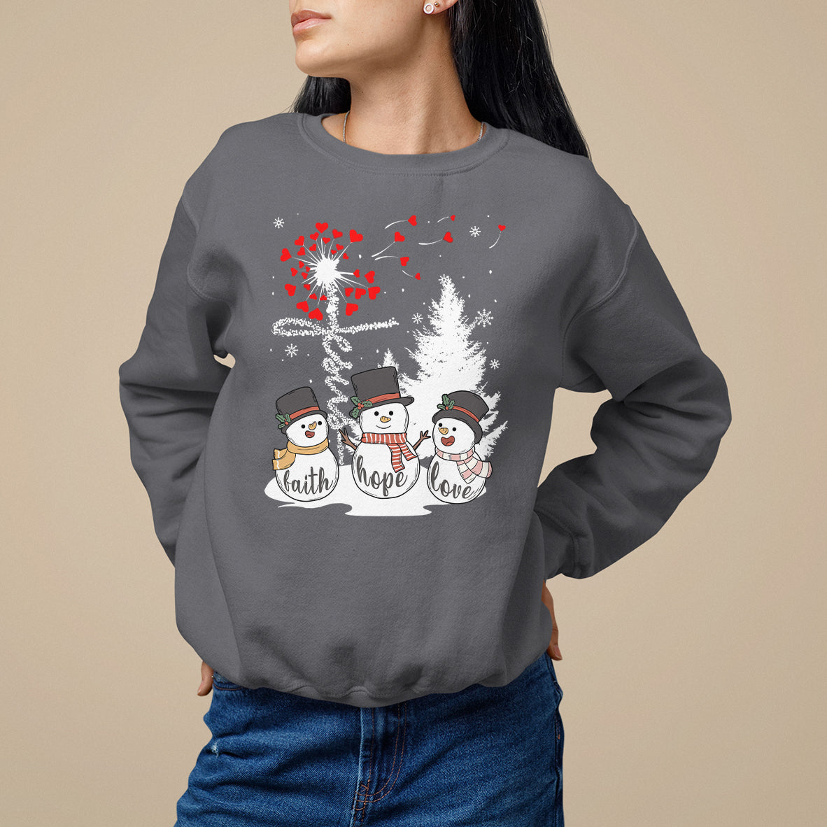 Christmas Sweatshirt Faith Hope Love Snowman Dandelion Jesus - Wonder Print Shop