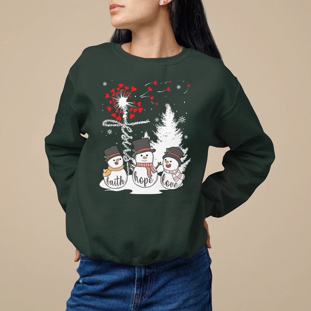 Christmas Sweatshirt Faith Hope Love Snowman Dandelion Jesus - Wonder Print Shop