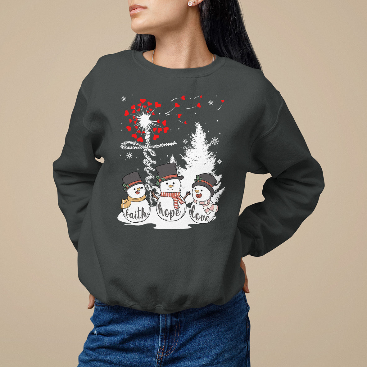 Christmas Sweatshirt Faith Hope Love Snowman Dandelion Jesus - Wonder Print Shop