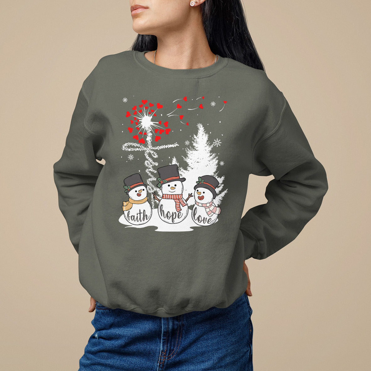 Christmas Sweatshirt Faith Hope Love Snowman Dandelion Jesus - Wonder Print Shop