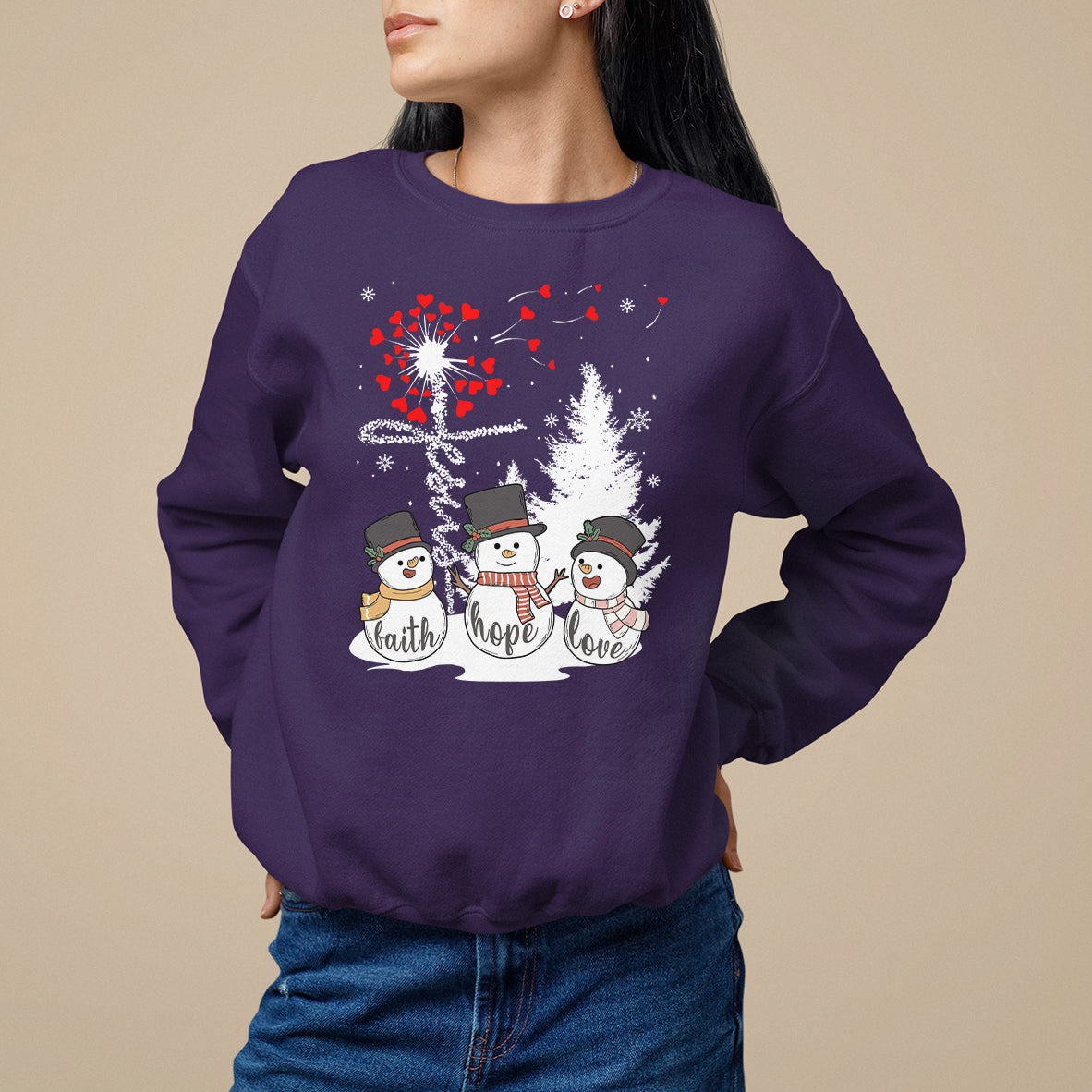 Christmas Sweatshirt Faith Hope Love Snowman Dandelion Jesus - Wonder Print Shop