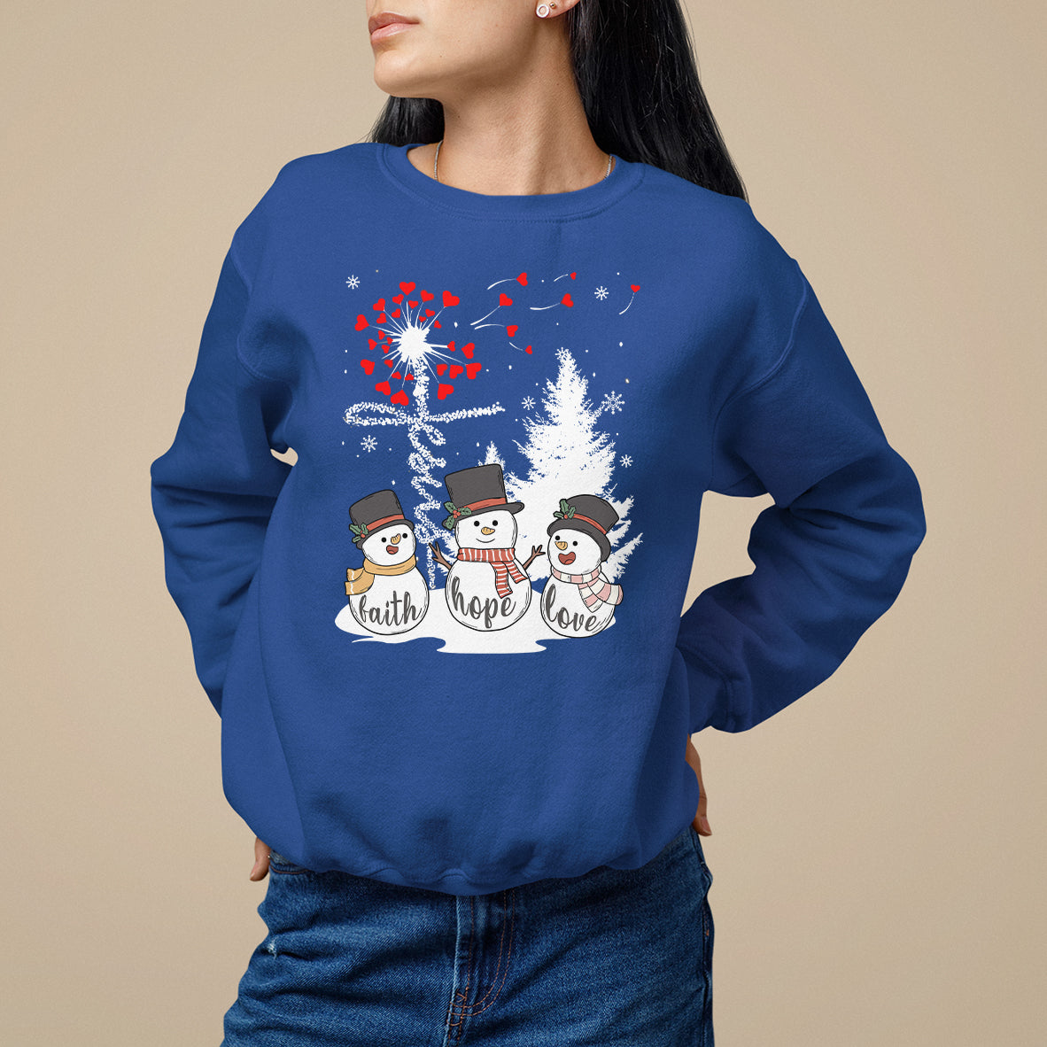 Christmas Sweatshirt Faith Hope Love Snowman Dandelion Jesus - Wonder Print Shop