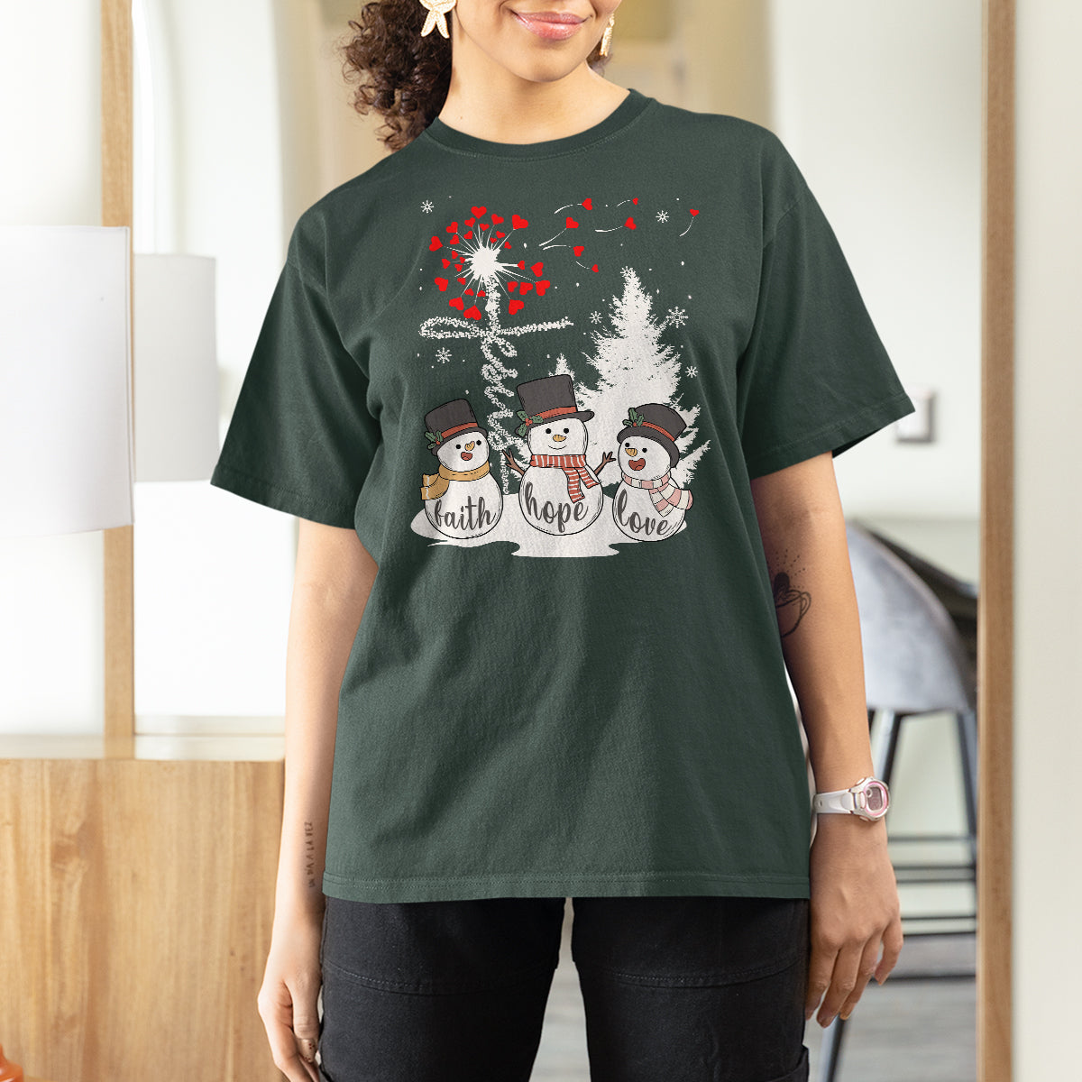 Christmas T Shirt For Women Faith Hope Love Snowman Dandelion Jesus - Wonder Print Shop
