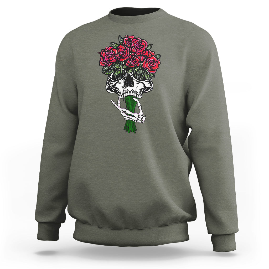 Skeleton Hand Red Rose Flowers Skull Sweatshirt - Wonder Print Shop