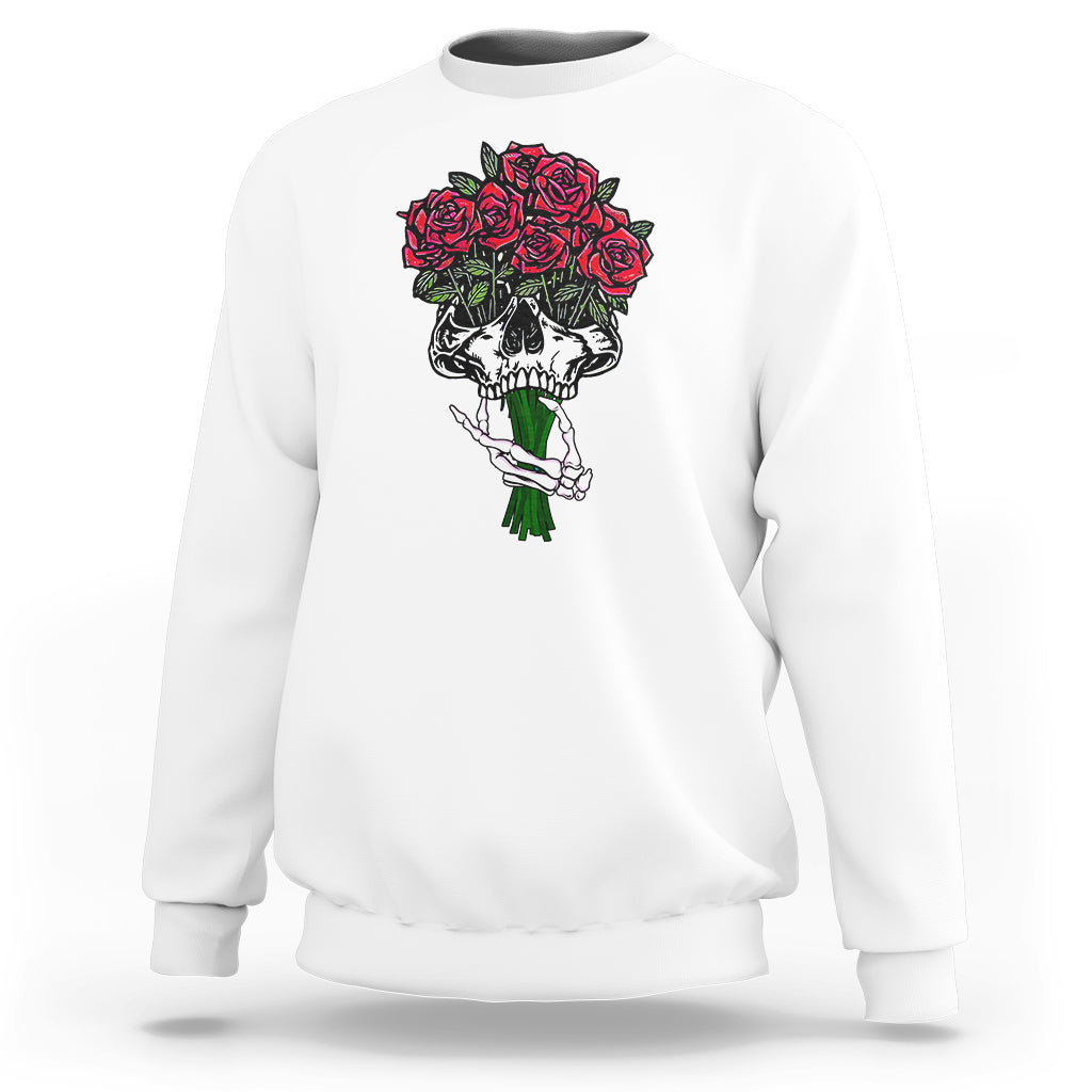 Skeleton Hand Red Rose Flowers Skull Sweatshirt - Wonder Print Shop