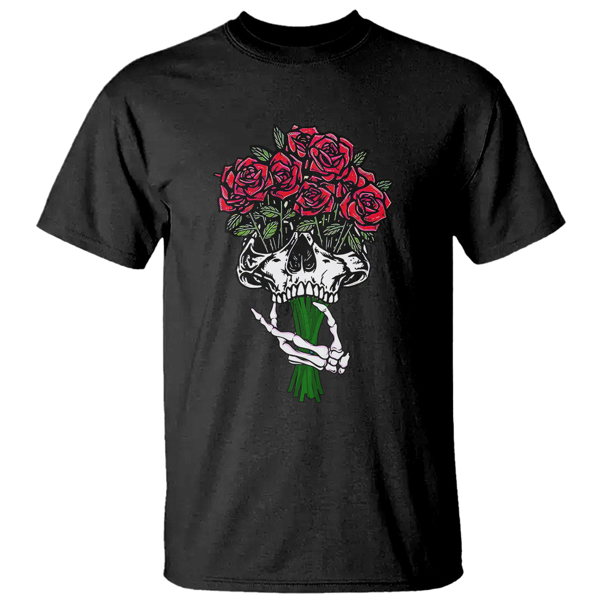Skeleton Hand Red Rose Flowers Skull T Shirt - Wonder Print Shop