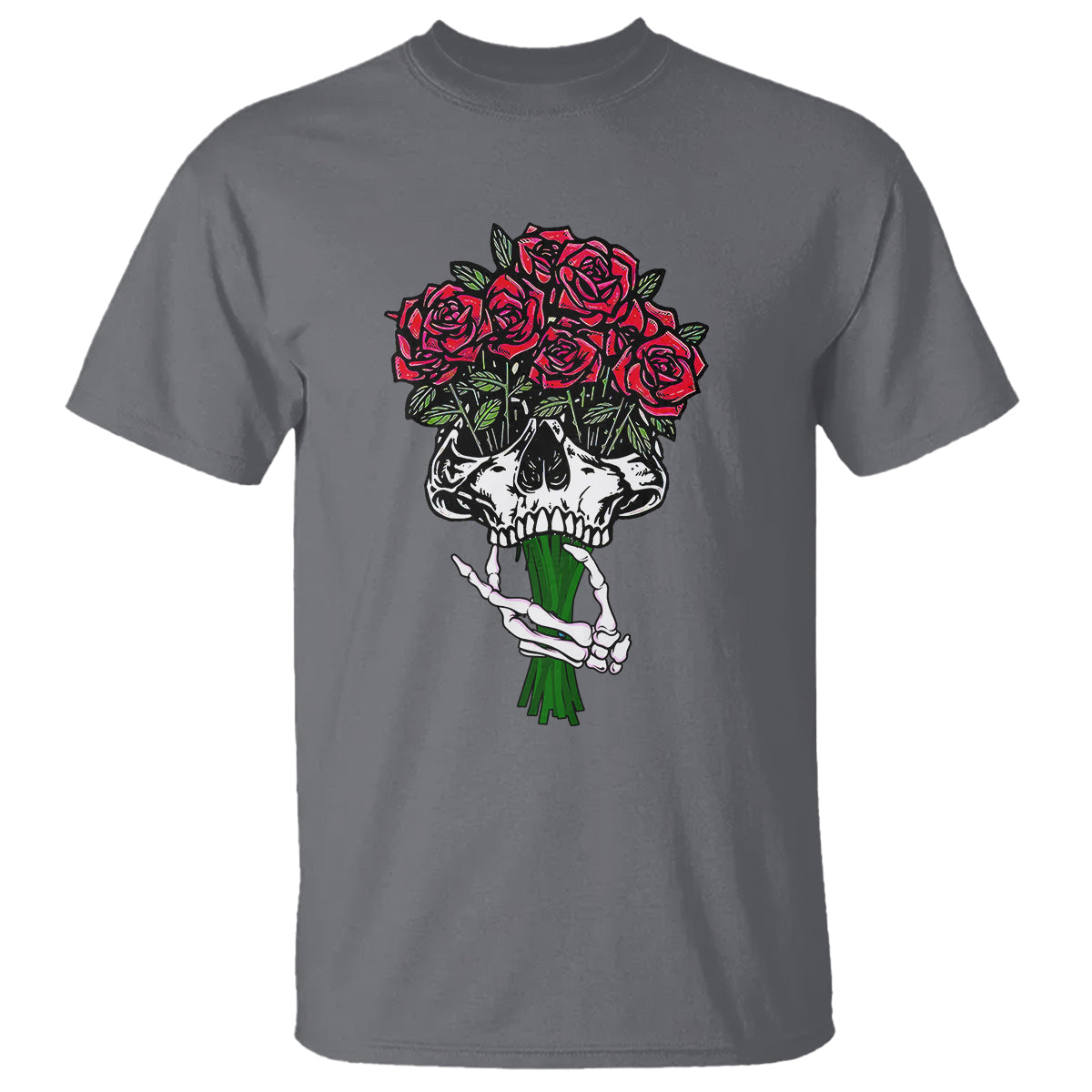 Skeleton Hand Red Rose Flowers Skull T Shirt - Wonder Print Shop